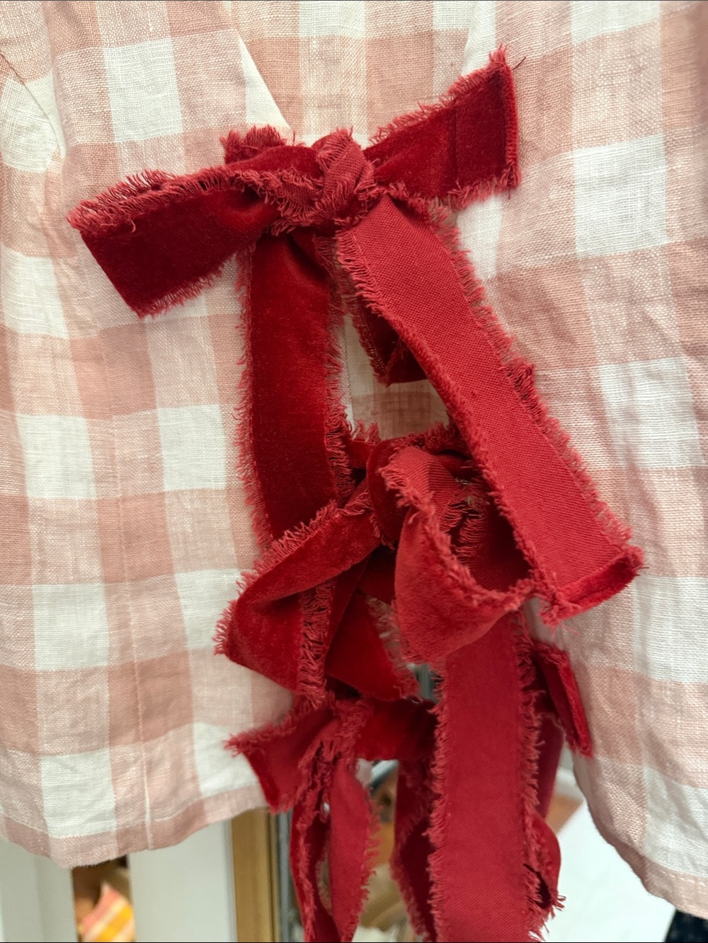 Reformation Pink and White Gingham Puff Sleeve top Red velvet Ribbon Front Ties - Picture 2 of 6
